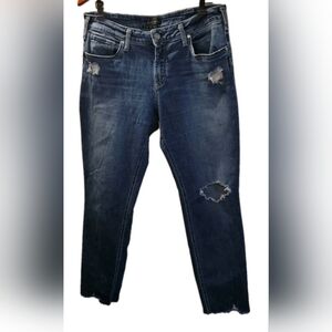 Silver Jeans W33 L29 Whisker Denim Distress Boyfriend Blue Jeans Western Glove